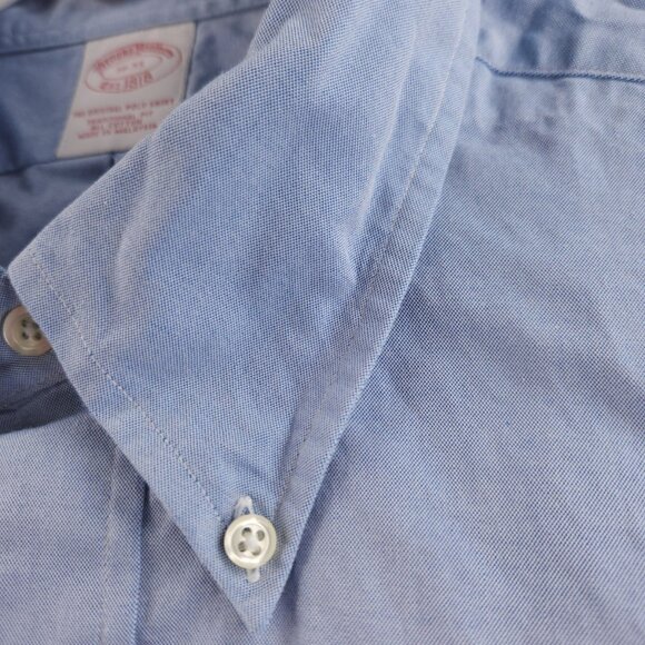 Brooks Brothers 18 35 Button-Down Cotton Traditional Blue Solid Pocket Shirt Men - Picture 7 of 16